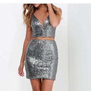 lulus Silver Sequin 2 Piece Skirt Set Small